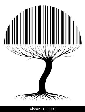 Abstract tree contour with roots and branches similar to a barcode. For an article on sales, business or ecology. Stock Vector