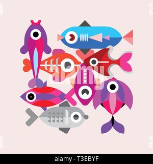 Abstract art design of various Exotic Aquarium Fish isolated on a light background, vector illustration. Layered vector EPS10. Stock Vector