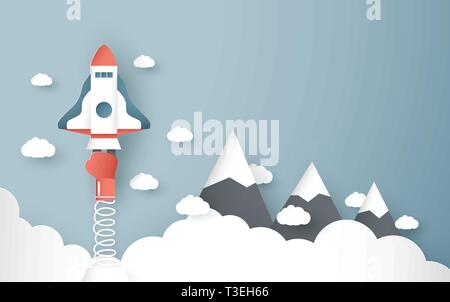 Vector illustration with start up concept in paper cut, craft and origami style. Rocket is flying on blue sky. Template design for web banner, poster, Stock Vector