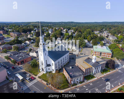 Woburn First Congregational Church aerial view in downtown Woburn, Massachusetts, USA. Stock Photo