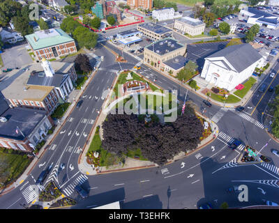 Woburn Common and City Hall aerial view in downtown Woburn, Massachusetts, USA. Stock Photo