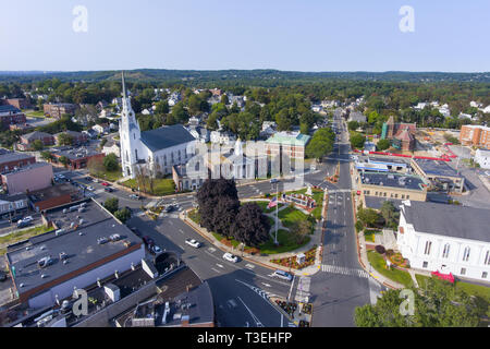 Woburn First Congregational Church aerial view in downtown Woburn, Massachusetts, USA. Stock Photo