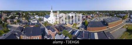 Woburn First Congregational Church panorama aerial view in downtown Woburn, Massachusetts, USA. Stock Photo