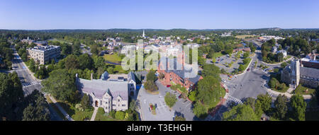 Winchester Town Hall and First Congregational Church at Winchester Center Historic District panorama in downtown Winchester, Massachusetts, USA. Stock Photo