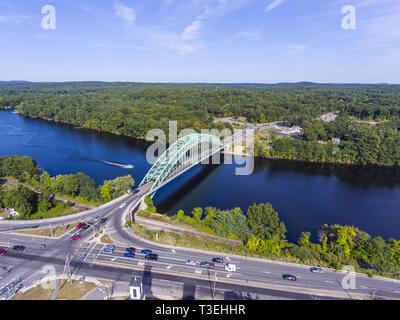 Aerial view of Merrimack River and Tyngsboro Bridge in downtown Tyngsborough, Massachusetts, USA. Stock Photo