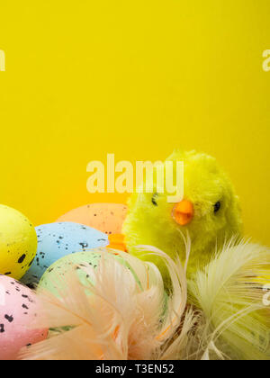 Little chick with easter eggs on yellow background Stock Photo