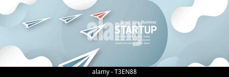 Vector illustration with start up concept in paper cut, craft and origami style. Rocket is flying on blue sky. Template design for web banner, poster, Stock Vector