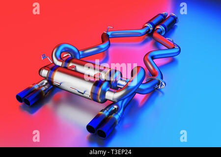 Tuning exhaust system for a sports car. Car muffler, exhaust silencer on a multicolor background Stock Photo