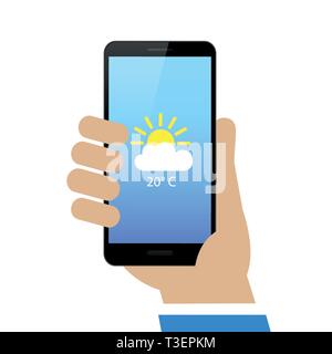 hand holds smartphone with weather report on display isolated on white background vector illustration EPS10 Stock Vector