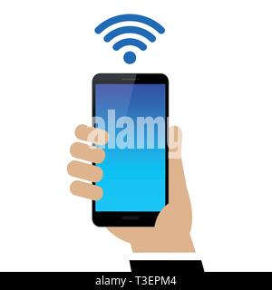 male hand is holding a black smartphone with wi-fi symbol isolated on white background vector illustration EPS10 Stock Vector