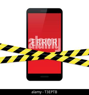smartphone with red error display and warning tape isolated on white background vector illustration EPS10 Stock Vector