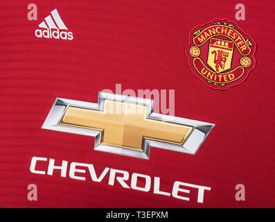 Close up of Manchester United home shirt 2018/19. Stock Photo