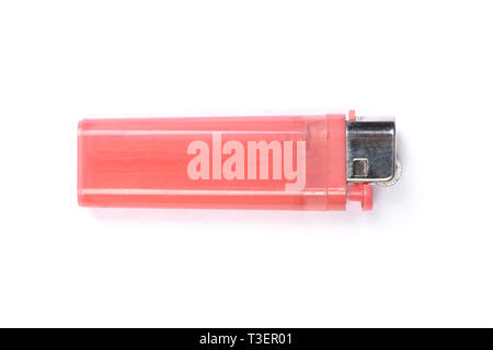 Cheap pink plastic gas disposable lighter isolated on white background Stock Photo