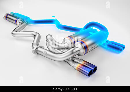 Tuning exhaust system for a sports car. Car muffler, exhaust silencer on a white background Stock Photo