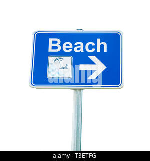 blue beach sign on metal post with pictogram and arrow on white background Stock Photo