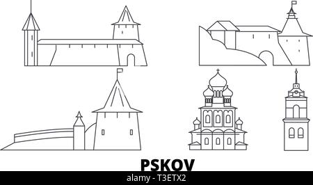 Russia, Pskov line travel skyline set. Russia, Pskov outline city vector illustration, symbol, travel sights, landmarks. Stock Vector