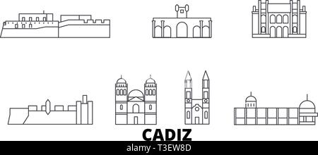 Spain, Cadiz line travel skyline set. Spain, Cadiz outline city vector illustration, symbol, travel sights, landmarks. Stock Vector