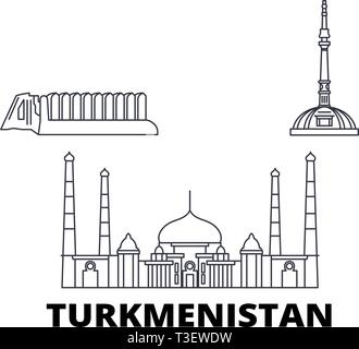 Turkmenistan line travel skyline set. Turkmenistan outline city vector illustration, symbol, travel sights, landmarks. Stock Vector