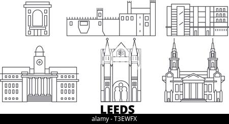 United Kingdom, Leeds line travel skyline set. United Kingdom, Leeds outline city vector illustration, symbol, travel sights, landmarks. Stock Vector