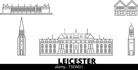 United Kingdom, Leicester line travel skyline set. United Kingdom, Leicester outline city vector illustration, symbol, travel sights, landmarks. Stock Vector