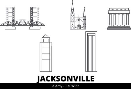 United States, Jacksonville line travel skyline set. United States, Jacksonville outline city vector illustration, symbol, travel sights, landmarks. Stock Vector