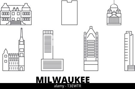 United States, Milwaukee City line travel skyline set. United States, Milwaukee City outline city vector illustration, symbol, travel sights Stock Vector