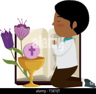 little black boy kneeling with book and chalice first communion Stock Vector