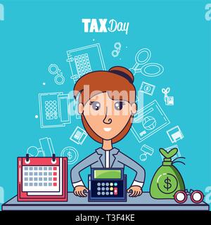 tax day with businesswoman and set icons vector illustration design Stock Vector