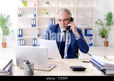 Aged employee in wheelchair working in the office Stock Photo