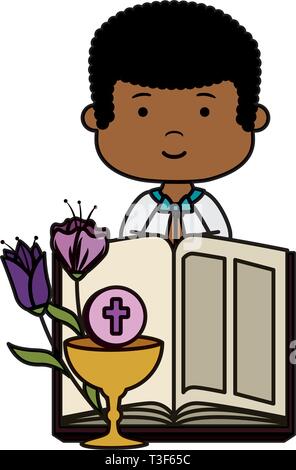 little black boy with bible and flowers first communion character Stock Vector