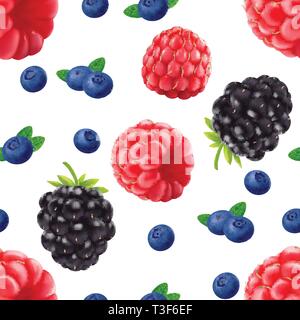Realistic Blackberry blueberry and raspberry seamless pattern. Stock Vector