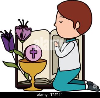 little boy kneeling with book and chalice first communion Stock Vector ...