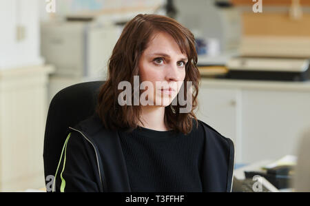 Potsdam, Germany. 09th Apr, 2019. The actress Caroline Erikson sits on set during the shooting of the second season of the ZDF series 'Soko Potsdam'. Credit: Annette Riedl/dpa-Zentralbild/ZB/dpa/Alamy Live News Stock Photo