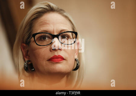 Washington DC, USA. 09th Apr, 2019. United States Senator Kyrsten Sinema (Democrat of Arizona) questions witnesses during the US Senate Committee on Homeland Security and Government Affairs hearing on April 9, 2019 Credit: Stefani Reynolds/CNP/ZUMA Wire/Alamy Live News Credit: ZUMA Press, Inc./Alamy Live News Stock Photo