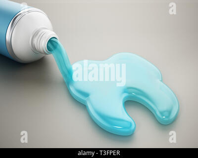 Toothpaste coming out of tube forms a tooth. 3D illustration. Stock Photo