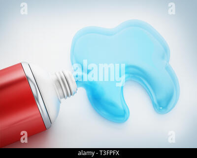 Toothpaste coming out of tube forms a tooth. 3D illustration. Stock Photo