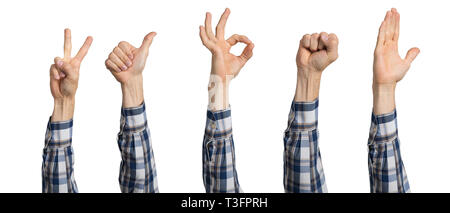 Man hand in shirt showing various gestures. Okay, victory, clenched fist, voting and thumb up signs. Human hand gesturing isolated on white background Stock Photo