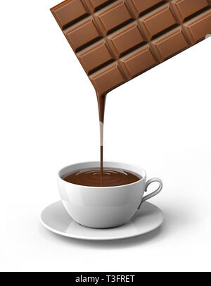 Cup of chocolate poured from a bar of chocolate, on white background. Stock Photo