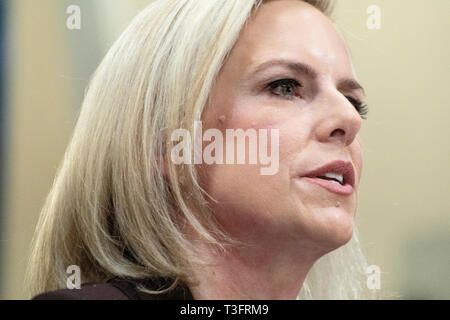 Secretary of Homeland Security, Kirstjen Nielsen, testifies before the House Homeland Security Committee in March 2019. A tweet from US President Donald J. Trump announced her abrupt resignation on Sunday April 7th 2019, two days after Trump visited the US- Mexico border and promising to get tougher on immigration. Stock Photo