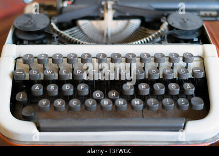 Antique Typewriter. Vintage Typing machine keyboard Closeup