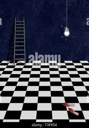 Modern surreal composition. Red shoes on chess floor Stock Photo