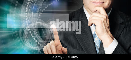 Business man pointing to empty address bar in virtual browser. Seo, internet marketing and advertising marketing concept Stock Photo