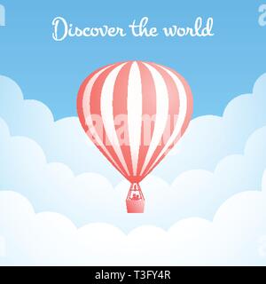 Hot air balloon cloud travel vector illustration. Carnival entertainment social media banner or romantic adventure offer with red hot air balloons in white cloud on blue sky. Clipping mask applied. Stock Vector
