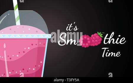 Red raspberry smoothie vitamin drink vector illustration. Berry smoothie logo on black background, glass filled with red smoothies drink for summer fast food season menu. Clipping mask applied. Stock Vector