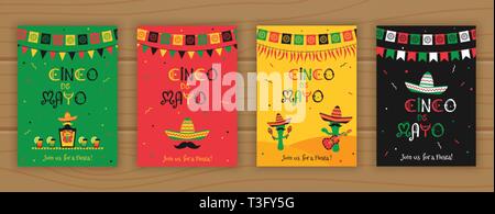 Set of cinco de mayo event promo template. Festive vector illustration collection with sombrero and bunting, tequila bottle, cocktails and mariachi band for national mexican holiday on cinco de mayo. Stock Vector