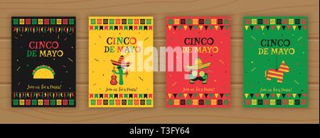 Set of cinco de mayo party poster template. Festive vector illustration with native pinata, taco and mariachi, cocktail face and garland flags for traditional Mexican celebration on cinco de mayo. Stock Vector