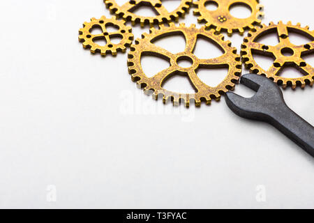Top closeup view of gear wheel on white background with blank space for text. Top view, flat lay. Stock Photo