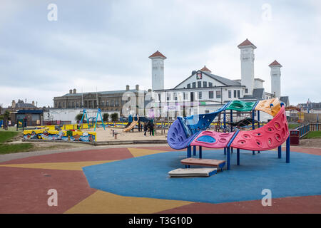 Ayr Pavilion from The Esplanade with Sheriff Court and Justice of the Peace Court in the background. Ayr, Ayrshire, Scotland Stock Photo