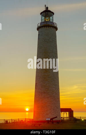 Sunrise in the Cap-des-Rosiers Lighthouse, Gaspe Peninsula, Quebec, Canada Stock Photo