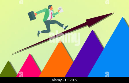 Business development and progress template. Businessman with briefcase in hand running towards success ladder. Successful businessman silhouette. Stock Photo